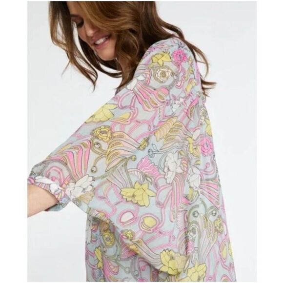 Badgley Mischka Floral Chiffon Sheer Blouse Tunic Top Women’s L/XL - Picture 2 of 16